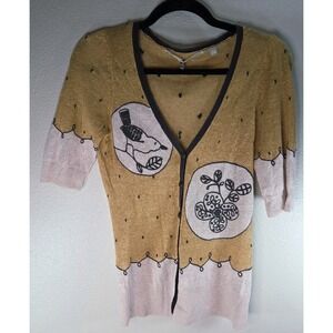 Anthropologie Knitted & Knotted Linen Cardigan Bird Floral XS Cottagecore